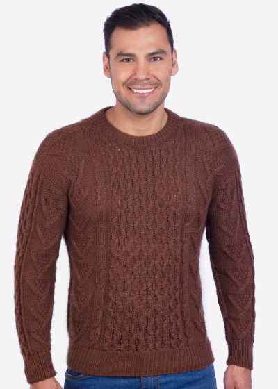 INTI0001 Intialpaca Hand knit Warm Brown Aran Alpaca Sweater for Men