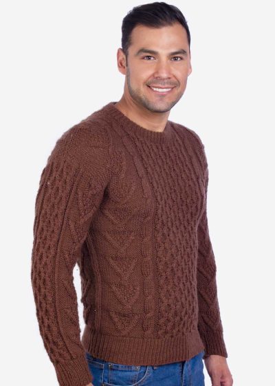 INTI0001 Intialpaca Hand knit Warm Brown Aran Alpaca Sweater for Men