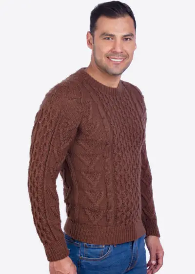 INTI0001 Intialpaca Hand knit Warm Brown Aran Alpaca Sweater for Men