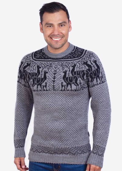 INTI0003 Intialpaca Soft Gray Alpaca Sweater with llamas pattern