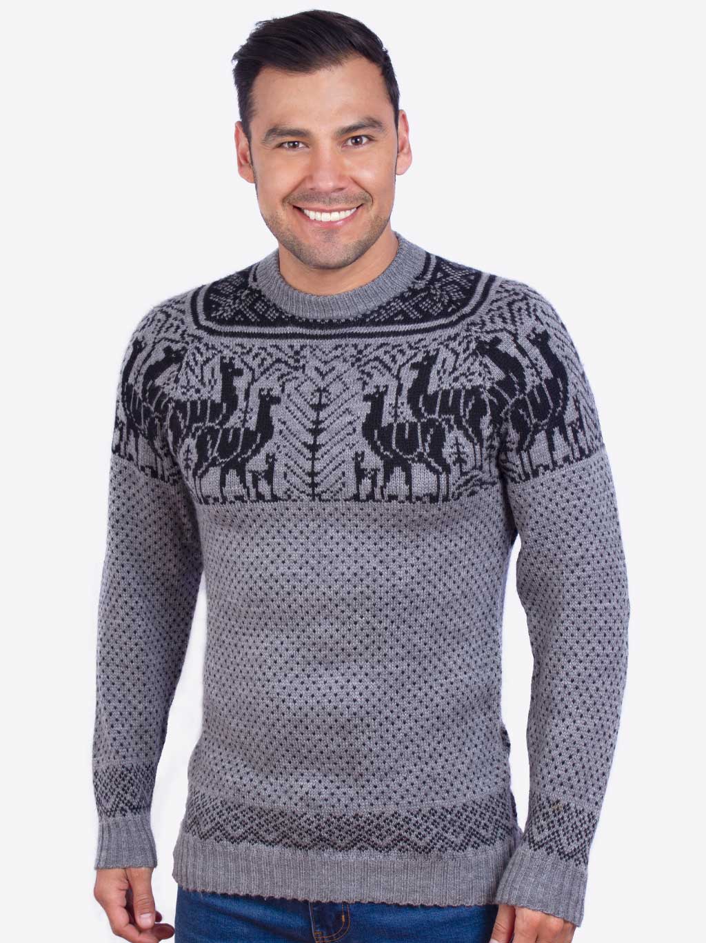 INTI0003 Intialpaca Soft Gray Alpaca Sweater with llamas pattern