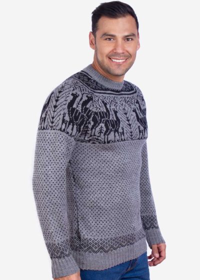 INTI0003 Intialpaca Soft Gray Alpaca Sweater with llamas pattern