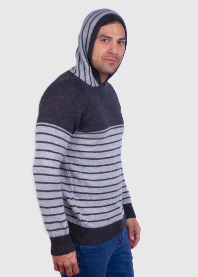 Alpaca Men’s knit hooded Gray sweater with stripes
