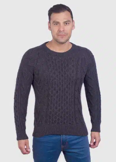 Hand knit Warm Charcoal Aran Alpaca Sweater for Men