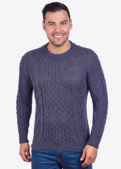 Hand knit Warm Steel Blue Aran Alpaca Sweater for Men