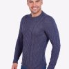 Hand knit Warm Steel Blue Aran Alpaca Sweater for Men
