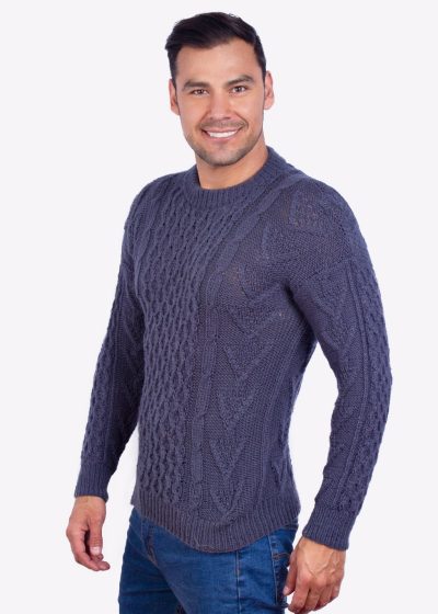 Hand knit Warm Steel Blue Aran Alpaca Sweater for Men