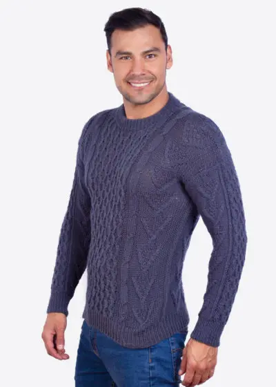Hand knit Warm Steel Blue Aran Alpaca Sweater for Men