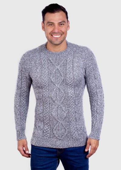 Hand knit Warm Light Gray Melange Aran Alpaca Sweater for Men