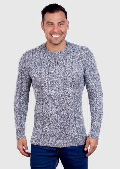 Hand knit Warm Light Gray Melange Aran Alpaca Sweater for Men