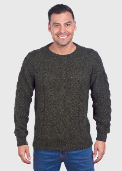 Hand knit Warm Dark Green Melange Aran Alpaca Sweater for Men