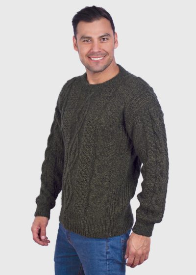 Hand knit Warm Dark Green Melange Aran Alpaca Sweater for Men