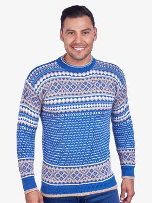 INTI0014 INTI ALPACA Men Norwegian Pattern Pullover Sweater Sky Blue Alpaca Wool Traditional Nordic Design