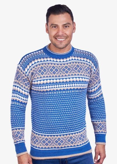 INTI0014 INTI ALPACA Men Norwegian Pattern Pullover Sweater Sky Blue Alpaca Wool Traditional Nordic Design