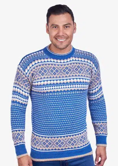 INTI0014 INTI ALPACA Men Norwegian Pattern Pullover Sweater Sky Blue Alpaca Wool Traditional Nordic Design