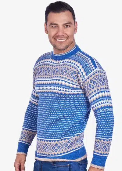 INTI0014 INTI ALPACA Men Norwegian Pattern Pullover Sweater Sky Blue Alpaca Wool Traditional Nordic Design