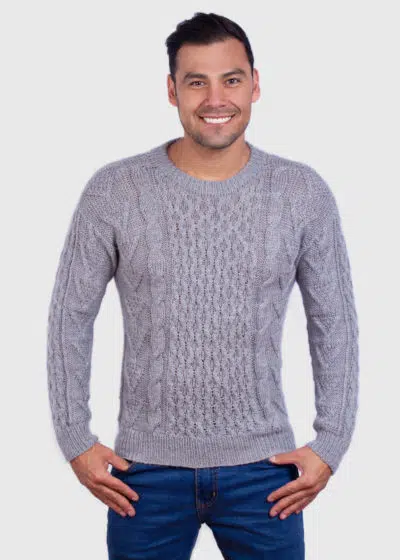 Hand knit Warm Light Gray Aran Alpaca Sweater for Men