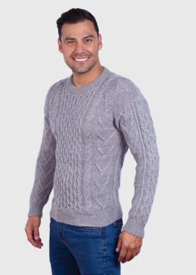Hand knit Warm Light Gray Aran Alpaca Sweater for Men