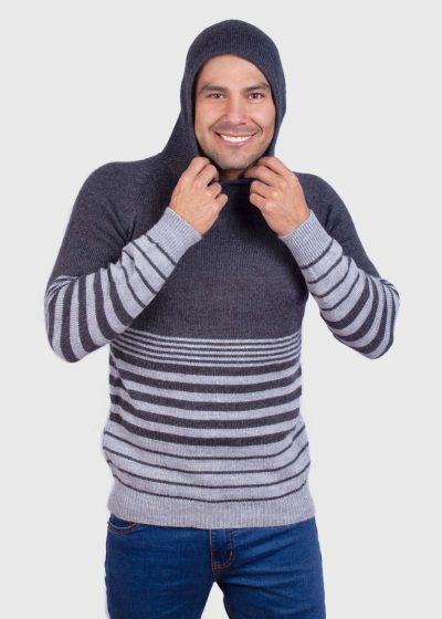 Alpaca Men’s knit hooded Gray sweater with stripes
