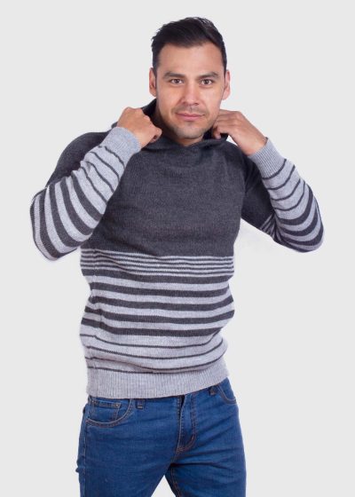 Alpaca Men’s knit hooded Gray sweater with stripes