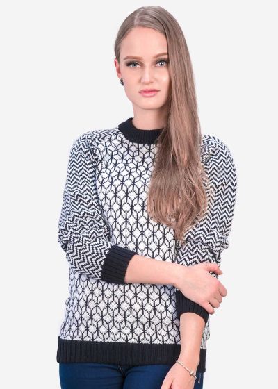 INTI ALPACA ALPACA SWEATER FOR WOMEN - BLACK AND WHITE CREWNECK ALPACA JUMPER FOR WINTER