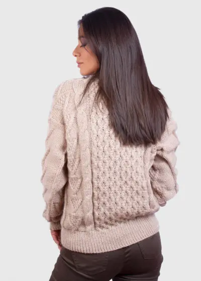 Hand knit Warm Beige Aran Alpaca Sweater for Women