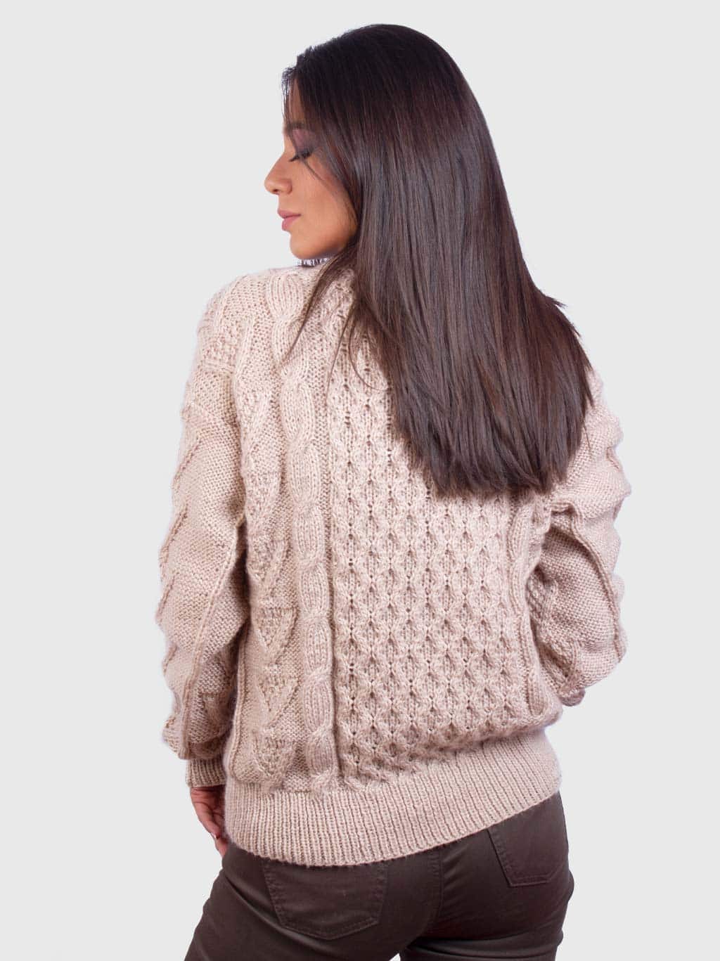 Hand knit Warm Beige Aran Alpaca Sweater for Women