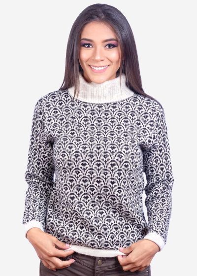 Turtleneck Black and White Alpaca Sweater for Women Winter Pullover INTI0027 INTI ALPACA