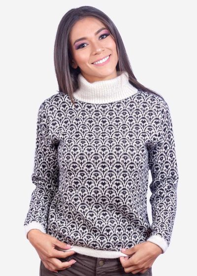 Turtleneck Black and White Alpaca Sweater for Women Winter Pullover INTI0027 INTI ALPACA