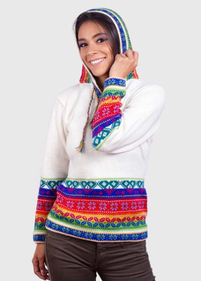 Alpaca Women’s knit hooded White sweater with multicolored pattern
