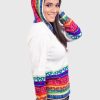Alpaca Women’s knit hooded White sweater with multicolored pattern