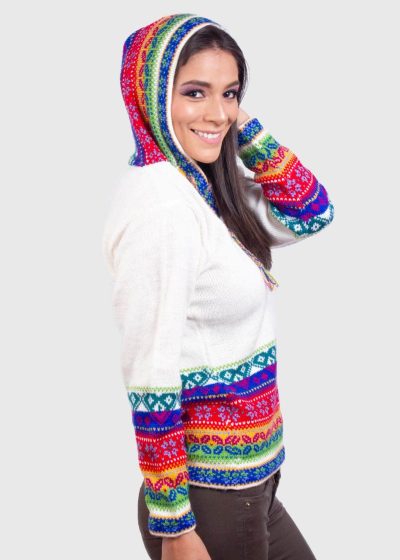 Alpaca Women’s knit hooded White sweater with multicolored pattern