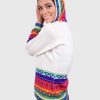 Alpaca Women’s knit hooded White sweater with multicolored pattern