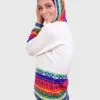 Alpaca Women’s knit hooded White sweater with multicolored pattern