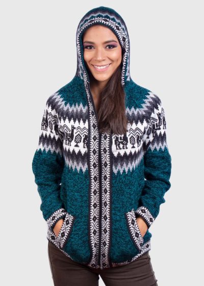 Alpaca Women’s Knit Hoddie Dark Green Melange Sweater
