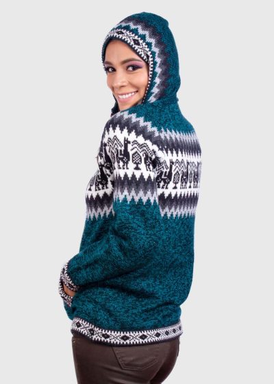Alpaca Women’s Knit Hoddie Dark Green Melange Sweater