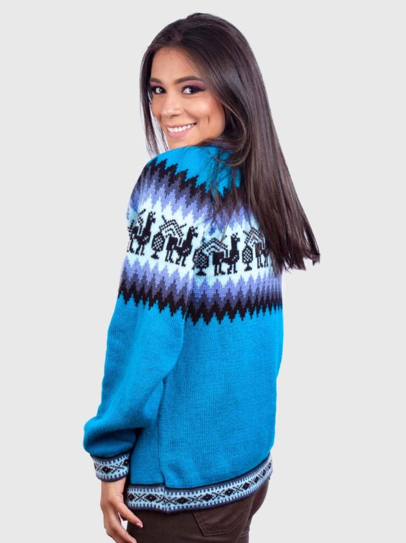 Alpaca Women's Knit Hoddie Turquoise Sweater - Inti Alpaca