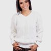 Women’s Hand Knit Long Sleeve V-Neck White Alpaca Sweater