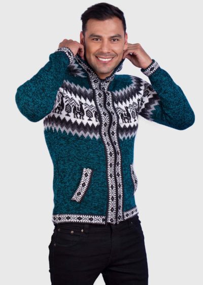 Alpaca Men’s Knit Hoddie Dark Green Melange Sweater