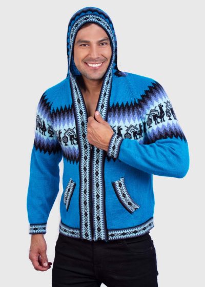 Alpaca Men’s Knit Hoddie Turquoise Sweater