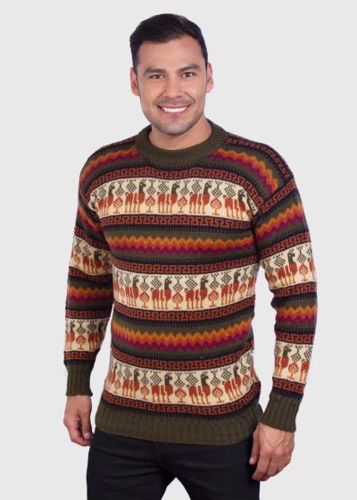 Crewneck Dark Green Alpaca Sweater for Men