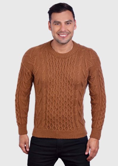 Hand knit Warm Ochre Aran Alpaca Sweater for Men “Wisa”