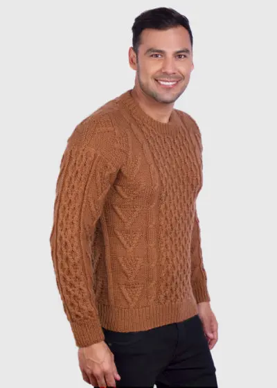 Hand knit Warm Ochre Aran Alpaca Sweater for Men “Wisa”