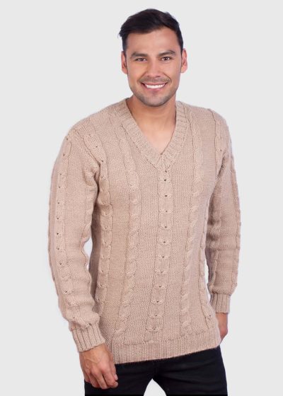 Men’s Hand Knit Long Sleeve V-Neck Beige Alpaca Sweater