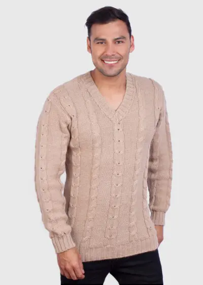 Men’s Hand Knit Long Sleeve V-Neck Beige Alpaca Sweater
