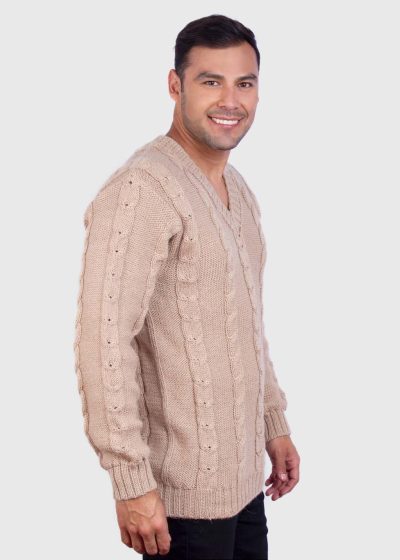 Men’s Hand Knit Long Sleeve V-Neck Beige Alpaca Sweater