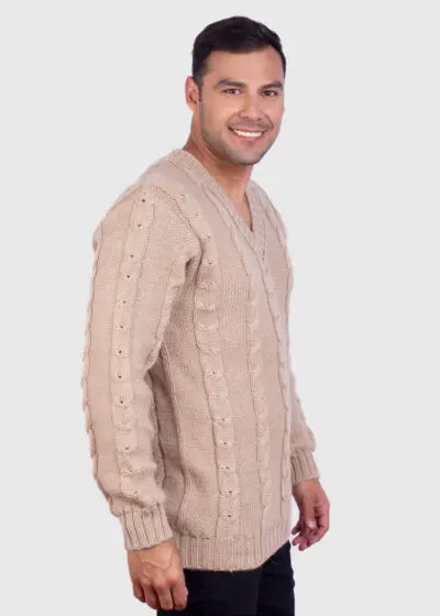 Men’s Hand Knit Long Sleeve V-Neck Beige Alpaca Sweater
