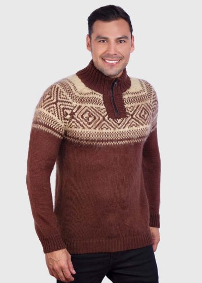 Men’s Long Sleeve Soft Half-Zip Casual Brown Alpaca Pullover Sweater