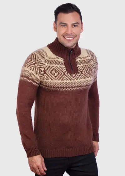 Men’s Long Sleeve Soft Half-Zip Casual Brown Alpaca Pullover Sweater