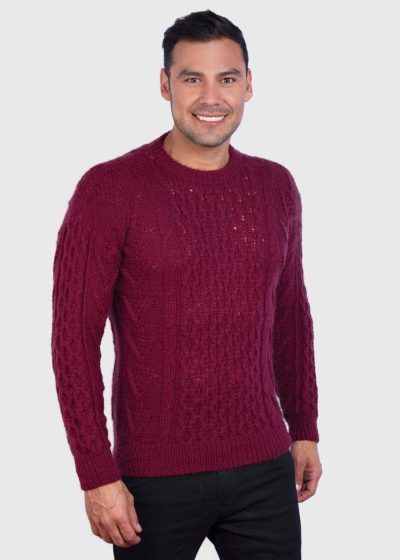 Hand knit Warm Burgundy Aran Alpaca Sweater for Men